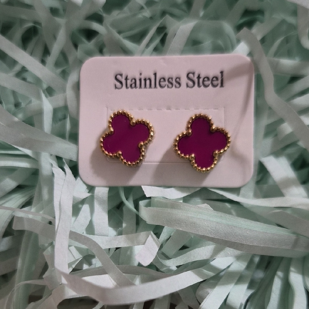 VCA Gold and Purple Stainless Steel Clover Earrings